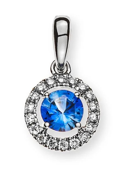 Anhänger Kreis Weißgold 750/18 ct. mit 1 runden Saphir 0,34 ct. und 18 Brillanten H SI 0.07 ct.