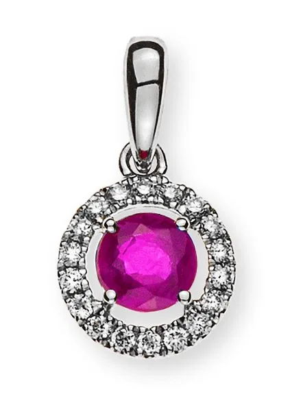 Anhänger Kreis Weißgold 750/18 ct. mit 1 runden Rubin 0,35 ct. und 18 Brillanten H SI 0.07 ct.