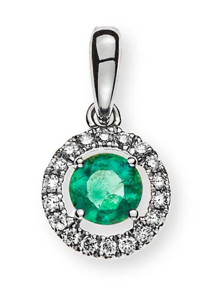Anhänger Kreis Weißgold 750/18 ct. mit 1 runden Smaragd 0,26 ct. und 18 Brillanten H SI 0.07 ct.