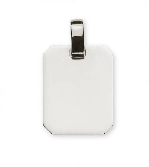 Rechteckiger, polierter Gravurplattenanhänger aus Weißgold 750/18 ct, H: 18 mm L: 14 mm