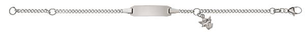 Bracelet d'identité gourmette enfant diamantée or gris 750/18 ct. 14cm avec plaquette rectangulaire longue avec pendentif ange