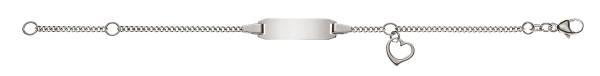 Bracelet d'identité figaro diamantée pour enfants or blanc 750/18 ct. avec pendentif cœur plaquette rectangulaire longue, 14cm