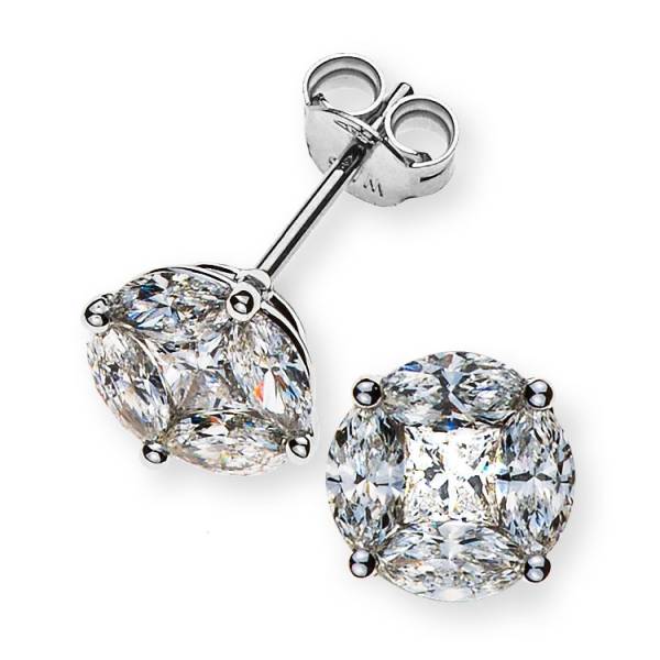 Clous d'oreilles, or blanc 750, 8 Marquise diamants 0.85 ct. G VS et 2 diamants Princess 0.28 ct. G VS