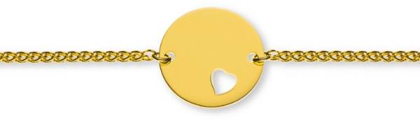 Bracelet d'identité palmier pour enfants or jaune 585/14 ct. 14cm avec plaquette ronde 16mm avec cœur découpé