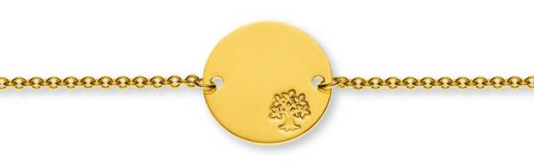 Bracelet d'identité forçat ronde pour enfants or jaune 585/ 14 ct., 14cm avec plaquette ronde 16mm avec arbre de vie