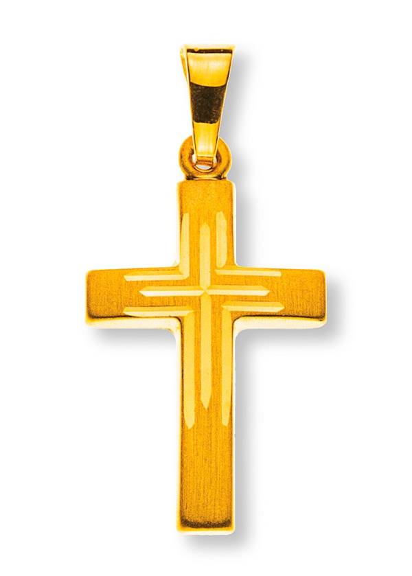 Croix, or jaune 750/ 18 ct., satinée, croix fantaisie intérieur, 18x12mm