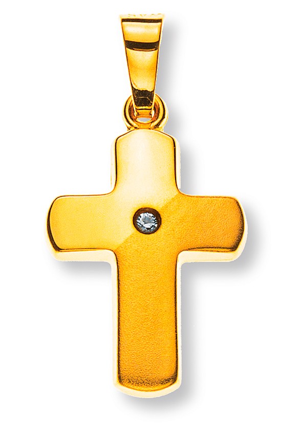 Croix, or jaune 750/ 18 ct., polie et sablé, 1 diamant, 15x12mm