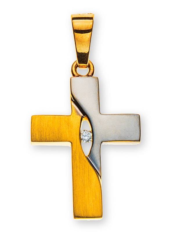 Croix bicolore, or jaune 750/ 18 ct., jaune sablé, rhodié, 1 diamant H SI 0.02 ct.,17x12mm