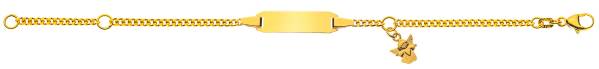 Bracelet d'identité gourmette diamantée pour enfants or jaune 750/18 ct., 14cm avec plaquette longue avec pendentif ange