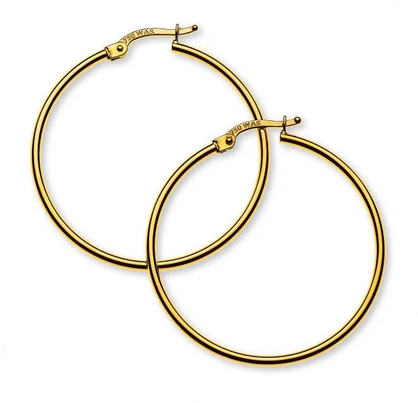 Créoles or jaune 750, tube rond, diamètre 33 mm, largeur 1.5 mm