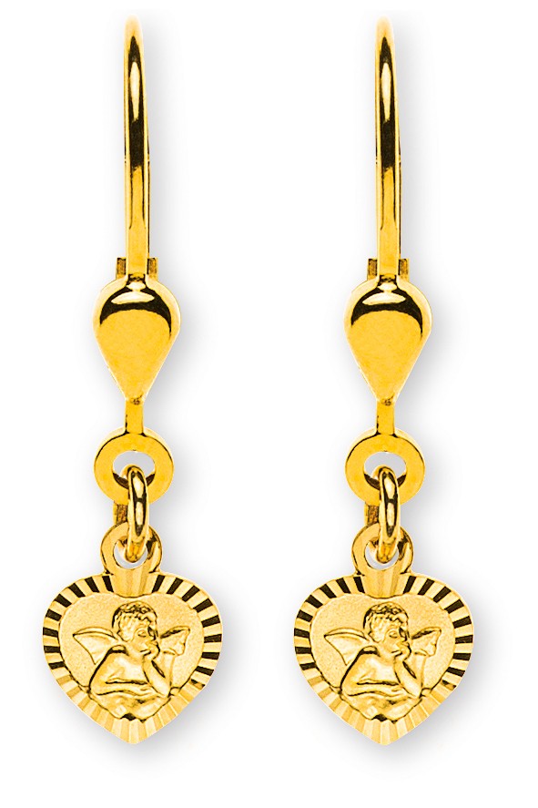Ohrhänger Herz mit Engel 750 Gelbgold mit Brisur