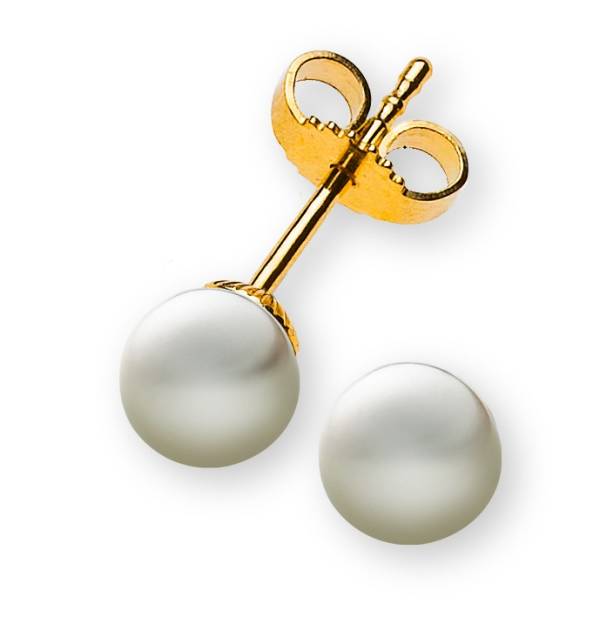 Clous d'oreilles Perles or jaune 750, avec perles eau douce rondes, blanches, 5.5-6.0 mm