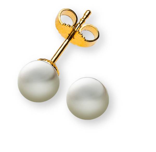 Clous d'oreilles Perles or jaune 750, avec perles eau douce rondes, blanches, 6 - 6.5 mm