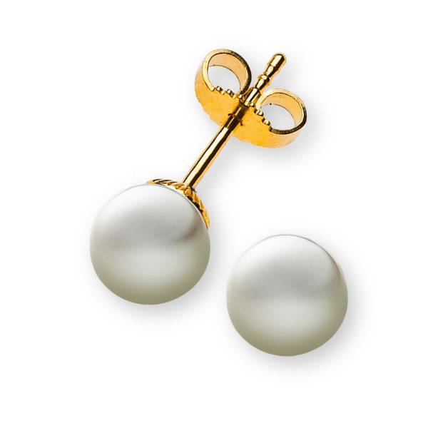 Clous d'oreilles Perles or jaune 750, avec perles eau douce rondes, blanches, 6.5 - 7 mm