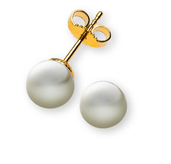 Clous d'oreilles Perles or jaune 750, avec perles eau douce rondes, blanches, 7 - 7.5 mm