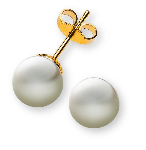 Clous d'oreilles Perles, or jaune 750, avec perles eau douce rondes, blanches, 8 - 8.5 mm