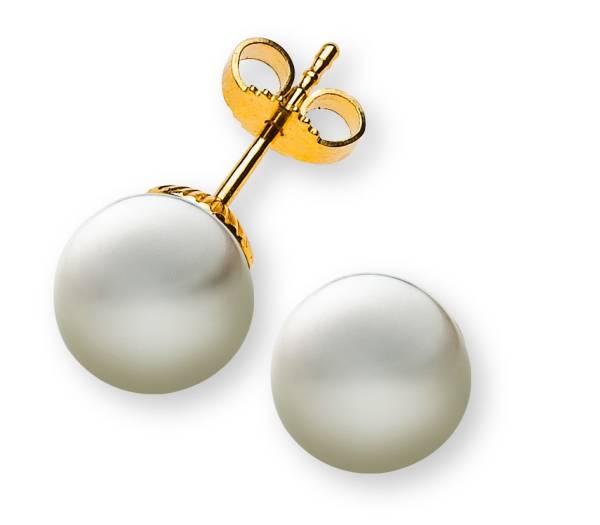 Clous d'oreilles Perles, or jaune 750, avec perles eau douce rondes, blanches, 8.5 - 9 mm