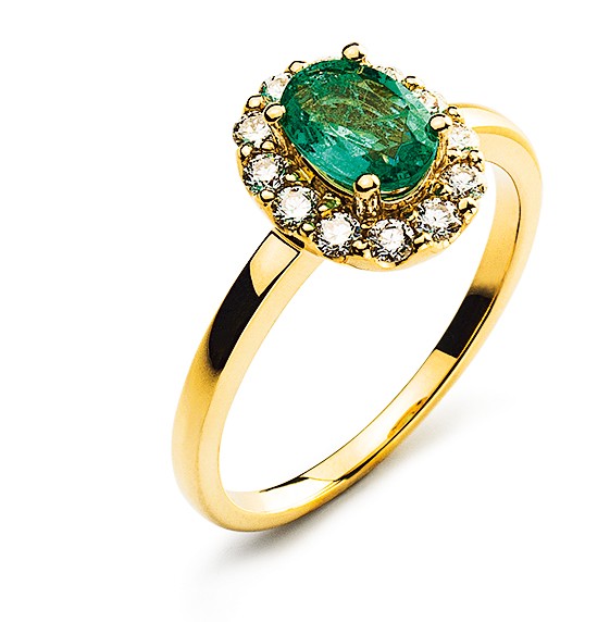 Ring aus Gelbgold 750/18 ct. mit Smaragd 0,94 ct. und 12 Brillanten H SI 0.40 ct.