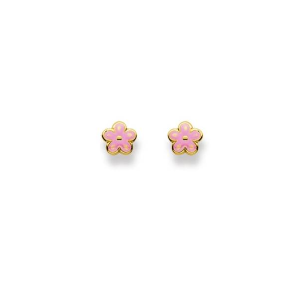 Boucles d’oreilles, fleurs, or jaune 750/ 18 ct., laque rose