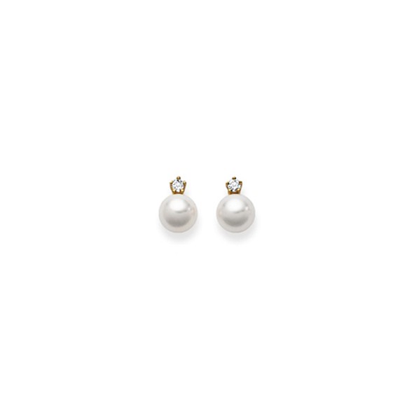 Clous d'oreilles avec perles Akoya 7.5-8 mm avec 2 diamants 0.12ct. or jaune 750/18 ct.