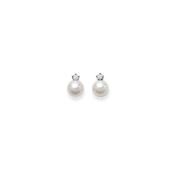 Clous d'oreilles perles Akoya, 7.5 - 8mm or blanc 750/18 ct. avec diamants 0.12ct.