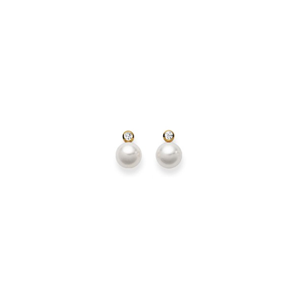 Clous d'oreilles avec perle Akoya 7 - 7.5 mm, or jaune 750/18 ct. avec diamants 0.10ct. diamants 0.10 ct. G taille brillant
