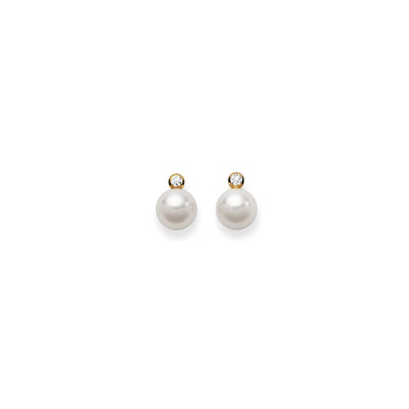 Clous d'oreilles avec perle Akoya 8 - 8.5 mm, or jaune 750/18 ct. diamants 0.10 ct.