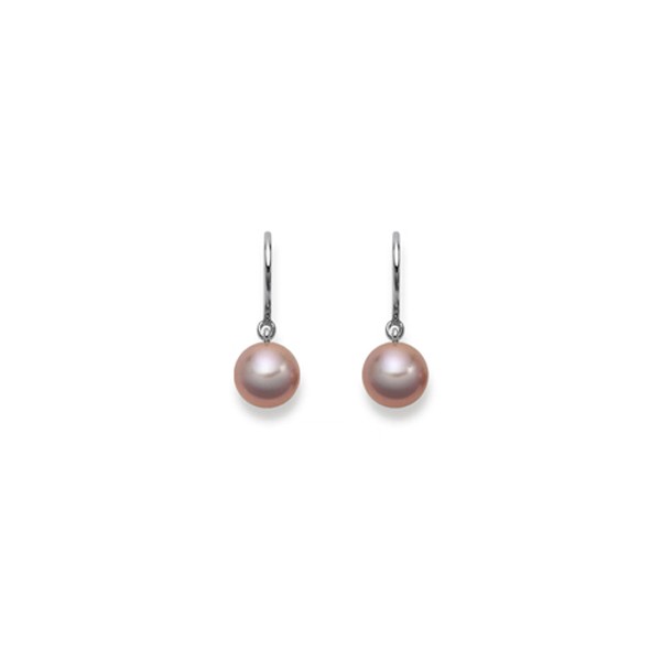 Pendants d'oreilles, Pampilles, perles d'eau douce gris-rose, 8.5-9 mm, or 750