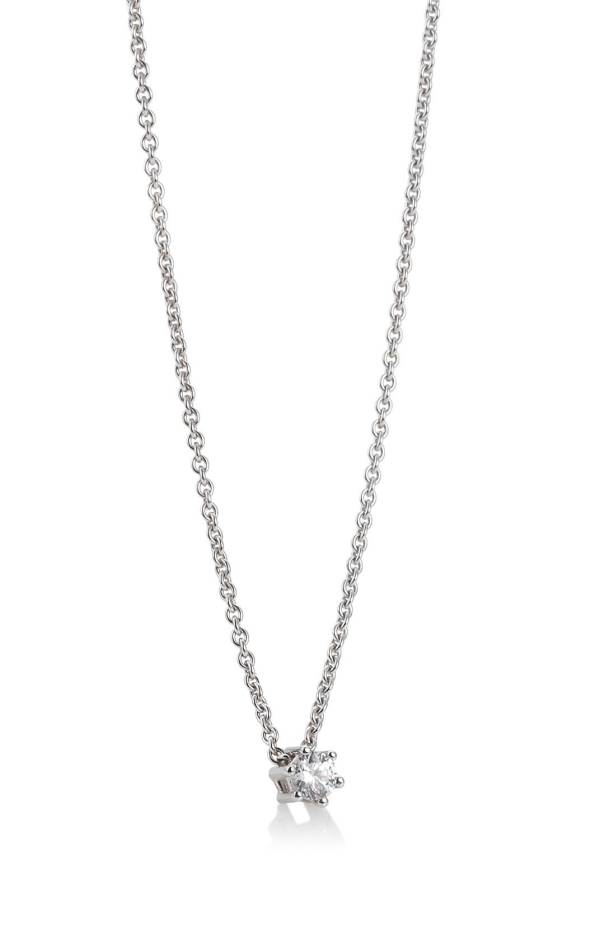 Collier avec pendentif diamant, or blanc 750/18ct.,6 griffes, chaîne inclue 0,10 Ct. H SI