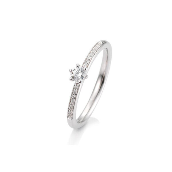 Bague solitaire or blanc 750/18 ct. avec un diamant central de 0,15 Ct. H SI, 6 griffes, total 0,23 Ct. H SI