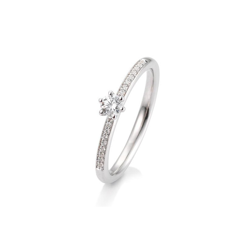Bague solitaire or blanc 750/18 ct. avec un diamant central de 0,15 Ct. H SI, 6 griffes, total 0,23 Ct. H SI