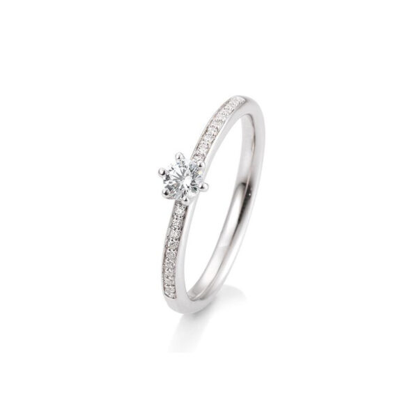 Bague solitaire or blanc 750/18 ct. avec un diamant central de 0,20 Ct. H SI, 6 griffes, total 0,29 Ct. H SI