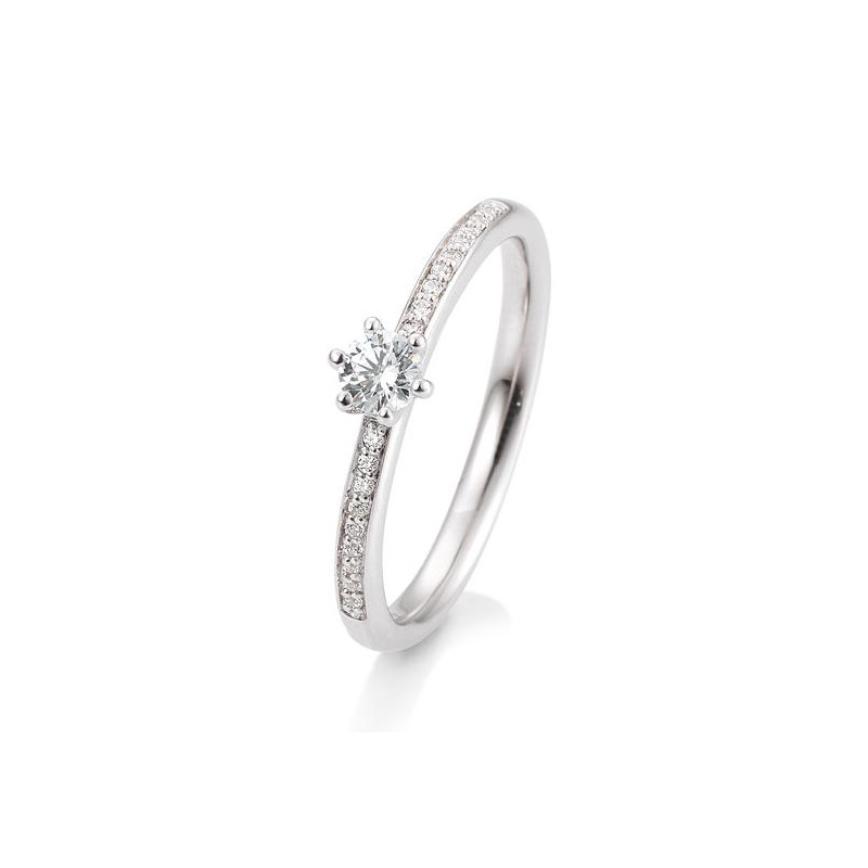Bague solitaire or blanc 750/18 ct. avec un diamant central de 0,20 Ct. H SI, 6 griffes, total 0,29 Ct. H SI