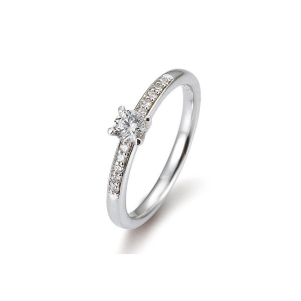 Bague solitaire or blanc 750/18 ct. avec un diamant central de 0,25 Ct. H SI, 4 griffes, total 0,325 Ct. H SI