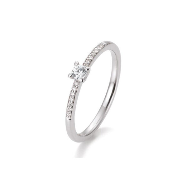 Bague solitaire or blanc 750/18 ct. diamant central 0,10 ct. H SI, 4 griffes, total 0,17 ct. H SI