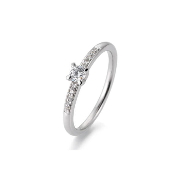 Bague solitaire or blanc 750/18 ct. diamant central 0,15 ct. H SI, 4 griffes, total 0,215 ct. H SI