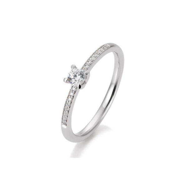 Bague solitaire or blanc 750/18 ct. diamant central de 0,15 ct. H SI, 4 griffes, total 0,23 ct. H SI