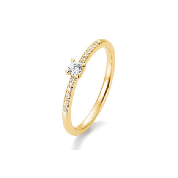 Bague solitaire or jaune 750/18 ct. diamant central 0,10 ct. H SI, 4 griffes, total 0,17 ct. H SI