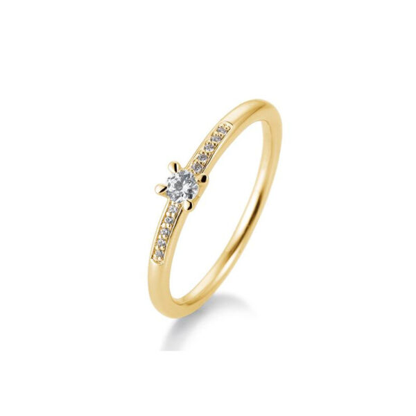 Bague solitaire or jaune 750/18 ct. diamant central de 0,10 ct. H SI, 4 griffes, total 0,15 ct. H SI