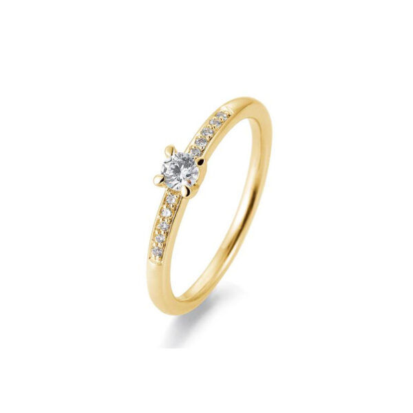 Bague solitaire or jaune 750/18 ct. diamant central de 0,15 ct. H SI, 4 griffes, total 0,215 ct. H SI