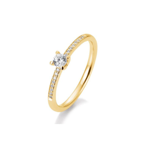 Bague solitaire or jaune 750/18 ct. diamant central de 0,15 ct. H SI, 4 griffes, total 0,23 ct. H SI