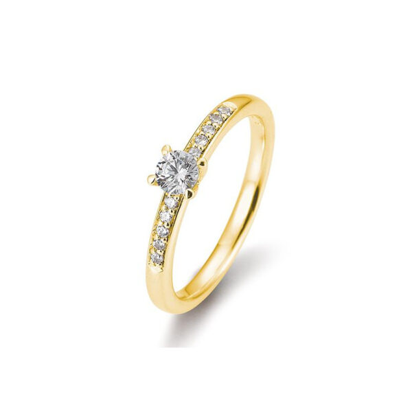 Bague solitaire or jaune 750/18 ct. avec un diamant central de 0,25 Ct. H SI, 4 griffes, total 0,325 Ct. H SI