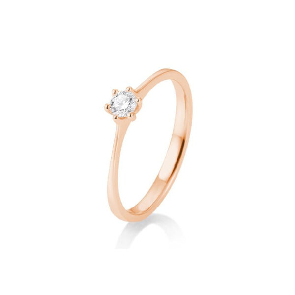 Bague solitaire or rose 750-18 ct. avec diamant 0,15 Ct. H SI, 6 griffes.