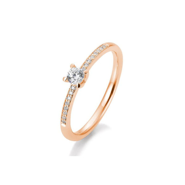 Bague solitaire or rose 750/18 ct. diamant central de 0,15 Ct. H SI, 4 griffes, total 0,23 Ct. H SI