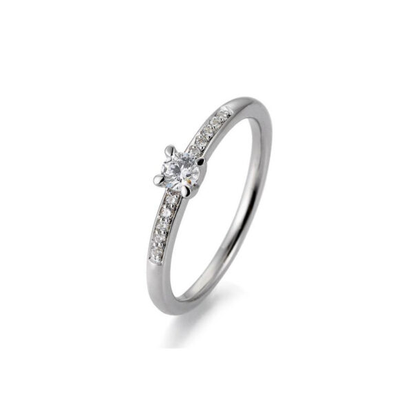 Solitärring Platin 950 mit einem zentralen Diamanten von 0,15 ct. H SI, 4 Krappen, insgesamt 0,215 ct. H SI