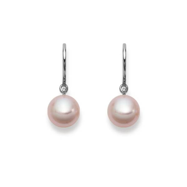 pendants d'oreilles, perles d'eau douce roses, 8.5 9 mm, or 750