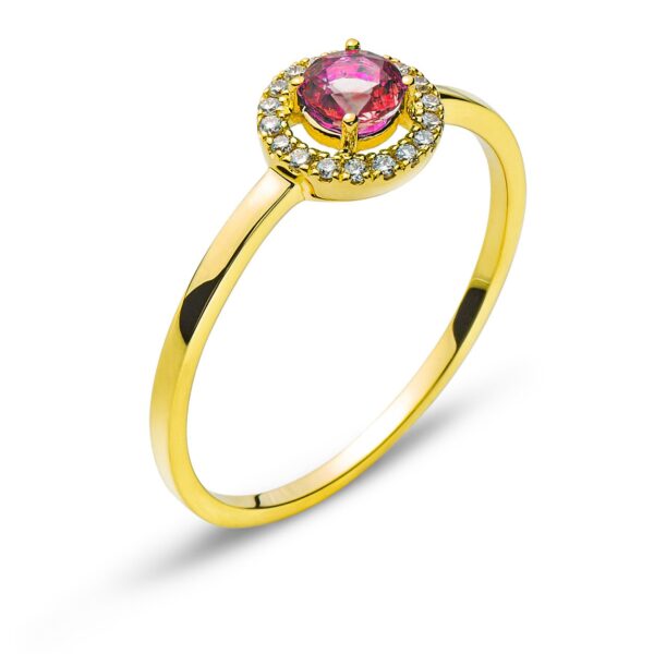 Ring Gelbgold 750/18 kt. mit 1 runden Rubin 0,31 ct. und 18 Diamanten H SI 0.07 ct.