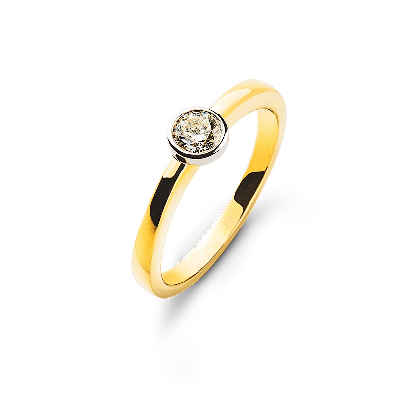 0.10 ct. Bague solitaire or jaune-blanc 750/18 ct. serti clos avec diamant H SI