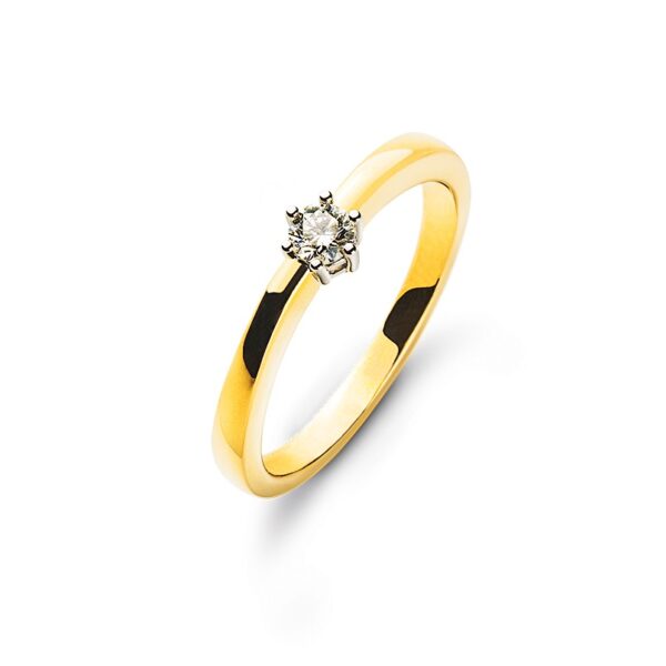 0.10 ct. Bague solitaire or jaune-blanc 750/18 ct. 6 griffes avec diamant H SI