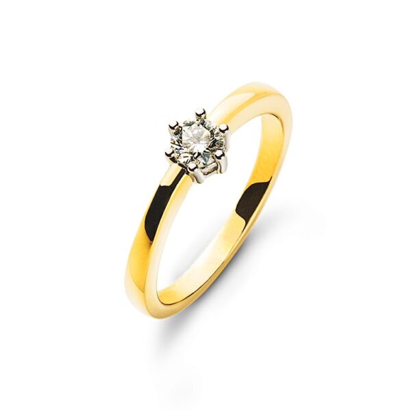 0.20 ct. Bague solitaire or jaune/blanc 750/18 ct. 6 griffes avec diamant H SI